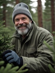 Obraz premium An elderly man with a warm smile and a gray beard is seen wearing a beanie, gloves, and an olive-green jacket while working among evergreen trees in a forest. His joyful expression conveys a sense of 