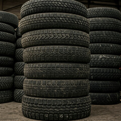 Stacked Used Tires in Warehouse with Various Tread Patterns
