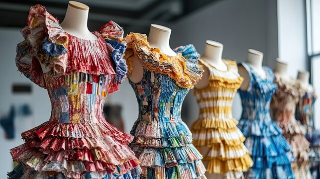Upcycled fashion designs, showcasing innovative designs made from repurposed clothing and materials, helping reduce textile waste and promote sustainable fashion.