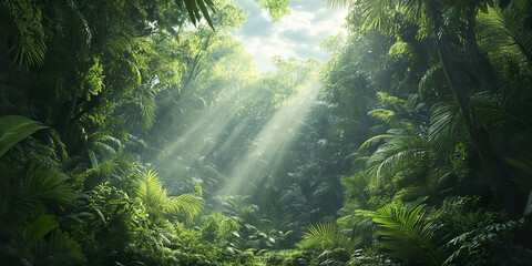 Fototapeta premium Lush green rainforest with sunlight streaming through canopy
