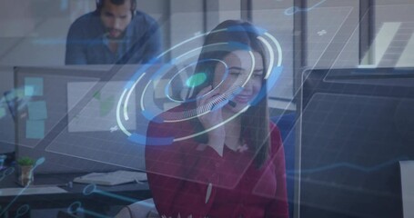 Using animation, businesswoman on phone with digital interface in office - Powered by Adobe