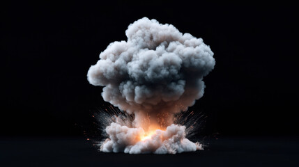 dramatic explosion creates large smoke cloud with fiery sparks against black background, evoking sense of power and intensity
