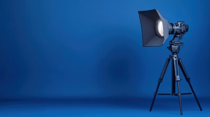 Professional studio camera setup with softbox on tripod against a textured blue background for photography enthusiasts