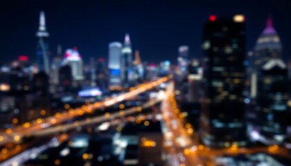 Night Cityscape View with Blurry Lights of Shanghai's Urban Skyline