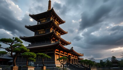 Naklejka premium Majestic Japanese Pagoda Under Dramatic Cloudy Sky with Lush Green Trees