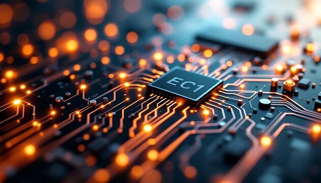 Illuminated Circuit Board Close Up with Ec1 Chip Technology Concept