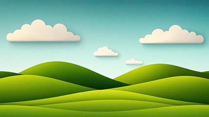 Obraz premium Abstract landscape background concept. Stylized green hills under a clear blue sky with soft clouds in the background.