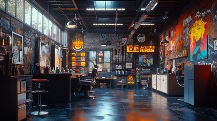 Urban barbershop interior, graffiti, design