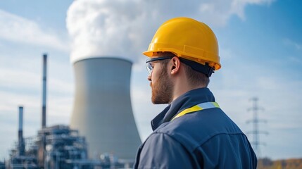 Industrial Worker Observing Power Plant Operations with Cooling Tower and Emissions in Background