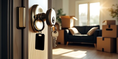 Naklejka premium Open front door with keys in the lock, revealing a modern home interior with moving boxes, symbolizing real estate, new homeownership, relocation, and property investment