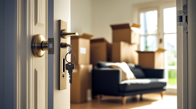 Open front door with keys in the lock, revealing a modern home interior with moving boxes, symbolizing real estate, new homeownership, relocation, and property investment

