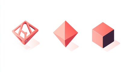 Isometric view of three dimensional shapes  a geometric frame, octahedron, and cube.