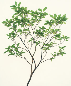 Isolated sumac tree with rich green feathery leaves on light background