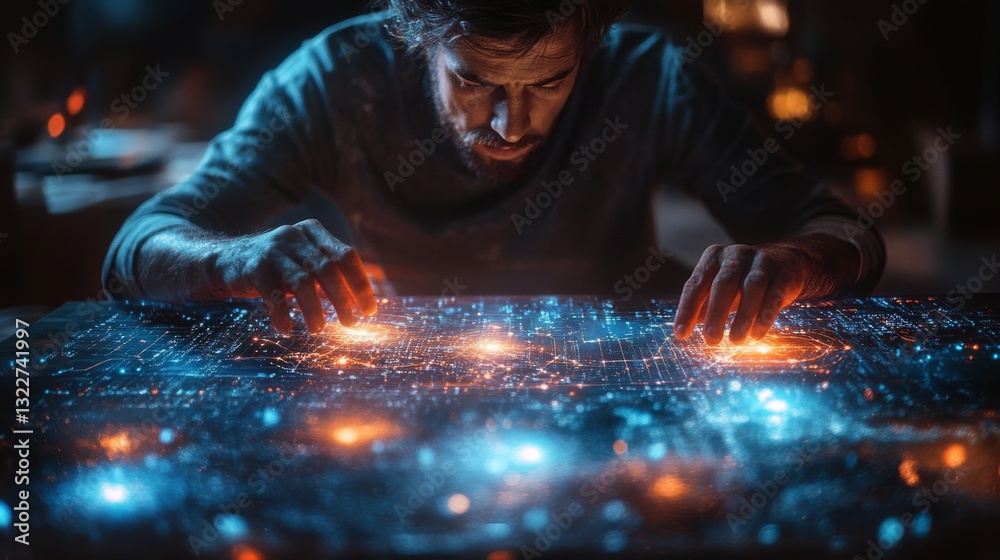 Poster A researcher engages with an advanced quantum simulation interface, analyzing qubits, superposition, and entanglement in a dynamic environment filled with glowing visualizations.