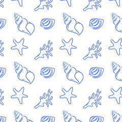 Sea creatures, sea shells, seamless pattern, outline vector illustrations, sea background	