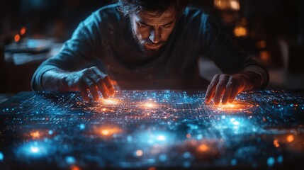 A researcher engages with an advanced quantum simulation interface, analyzing qubits, superposition, and entanglement in a dynamic environment filled with glowing visualizations.