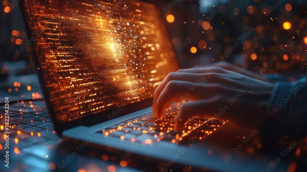 Poster Fingers quickly type on a laptop keyboard, showcasing data transmission represented by glowing particles. The focus is on quantum encryption, superposition, and security protocols in action.