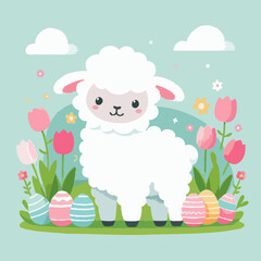 Naklejka premium an adorable white Easter lamb with soft, fluffy fur, standing in a field of colorful tulips and Easter eggs
