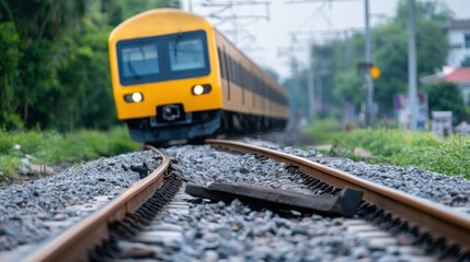 Obraz premium Close-Up View of Yellow Train Approaching on Railway Tracks Surrounded by Green Vegetation and Scenic Background