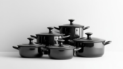 Stylish black cooking pots set on a clean, minimalistic kitchen countertop