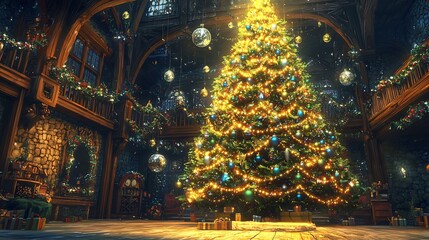Fototapeta premium Magical Christmas celebration in a fantasy style home featuring a towering tree glowing with enchanted lights floating ornaments and a whimsical festive atmosphere
