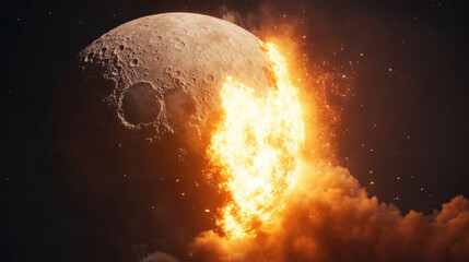 explosion cracking moon in half, creating fiery spectacle amidst cosmic clouds, showcasing power of celestial events