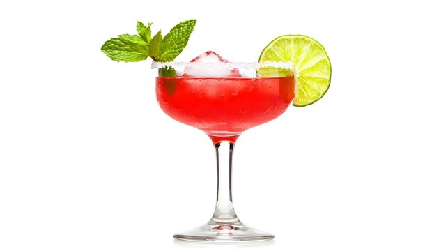 Cosmopolitan cocktail with lime garnish isolated on white background