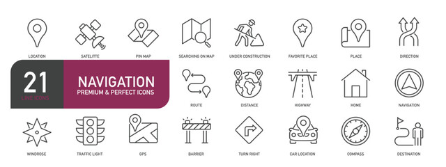 Set of line icons related to navigation, location, GPS, map. Outline icons collection. Editable stroke. Vector illustration
