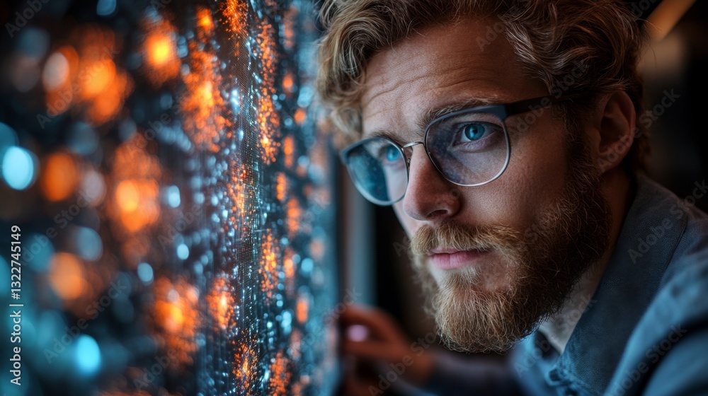 Fototapete A researcher studies complex quantum phenomena on a digital display that shows visualizations of superposition and entanglement. The focus is on understanding quantum algorithms.