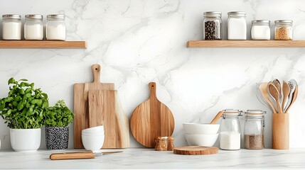 Kitchen counter with wooden cutting boards and various ingredients