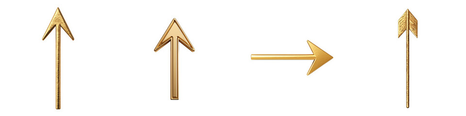 Obraz premium Golden arrow signs in various shapes pointing upwards on white background symbolizing growth success progress leadership strategy and new opportunities for the future