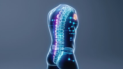 The Essence of Anatomy: An artistic visualization of the human body's spinal column, elegantly rendered with glowing, intricate details that invite a journey of scientific discovery