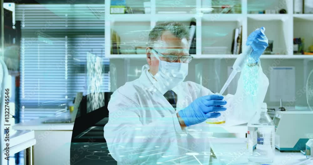 Poster scientist in lab coat conducting experiment with digital data overlay animation