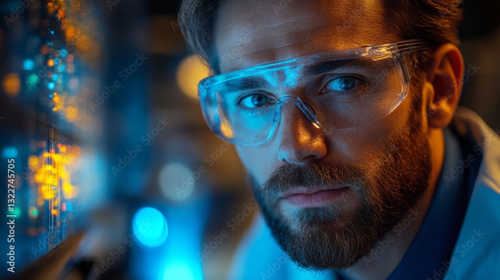 Poster A scientist observes quantum experiments focusing on qubits, superposition, and entanglement in a laboratory equipped with advanced technology.