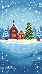Fototapeta premium Christmas winter holiday blue background, pixel art. with white shades