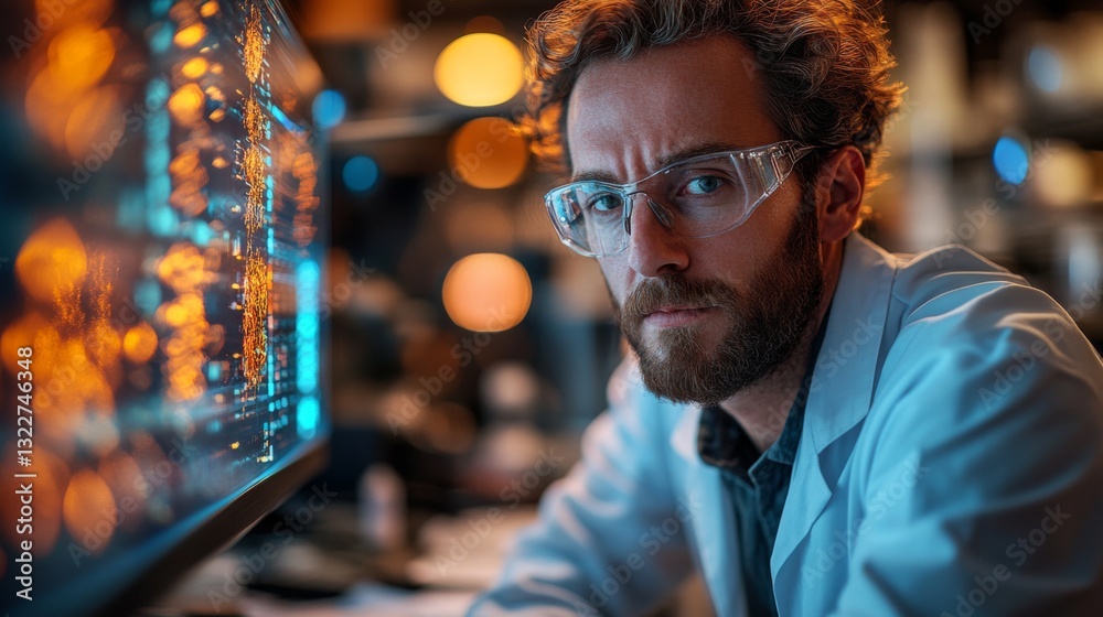 Poster A researcher engages in quantum mechanics experiments, analyzing data on a computer screen that showcases quantum phenomena like entanglement and superposition.