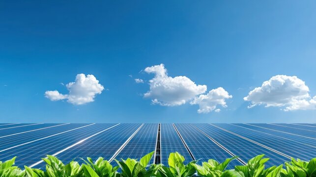 Solar Panels Under Blue Sky: Captivating image of solar panels arrayed under a vibrant blue sky dotted with fluffy clouds, highlighting the fusion of green technology and environmental consciousness.