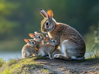 Naklejka premium A mother rabbit and her three adorable baby bunnies together