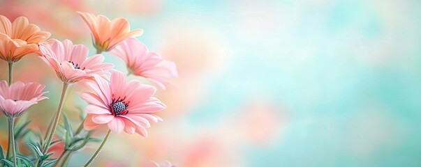 Obraz premium Floral illustration abstract background concept. Delicate flowers bloom in soft pastel colors against a dreamy, blurred background.