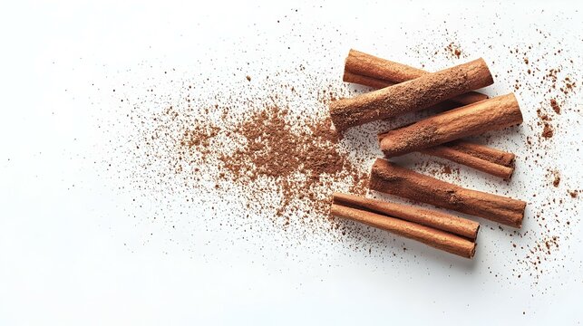 Stik Kayu Manis dan Bubuk Kayu Manis Terisolasi dengan Latar Belakang Putih
