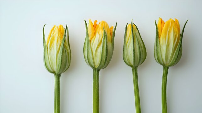 Kuncup Bunga Zucchini Kuning Tahapan Mekar Terisolasi di Latar Belakang Putih