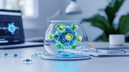 Fototapeta premium Microscopic Marvel: An artistic representation of a virus cell, encased within a glass container, sits atop a desk, accompanied by pills and a computer display.