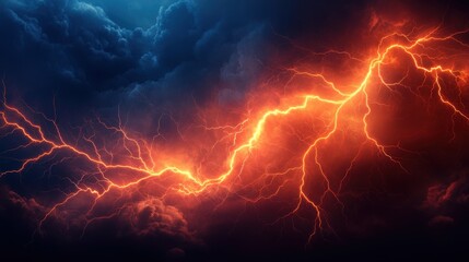 Obraz premium Dramatic Lightning Strikes Through Dark Stormy Sky Illuminating Clouds with Intense Orange Glow
