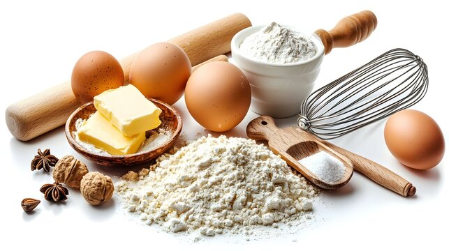 Bahan Bahan Baking dan Alat Dapur Terisolasi di Latar Belakang Putih