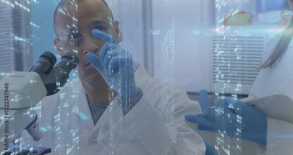 Poster analyzing data with digital overlay, scientist in lab coat using animation