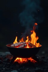 Compact hot empty BBQ, fiery charcoal, dark backdrop, cooking equipment, portable, embers