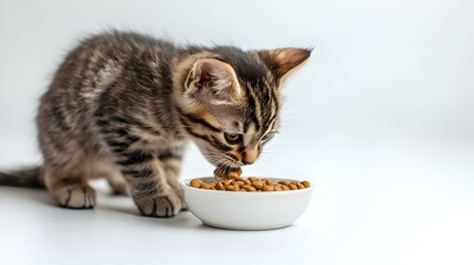 Cute adorable tabby striped mongrel kitten eats