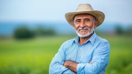 Fototapeta premium Elderly Farmer in Straw Hat Smiling in Lush Green Field with Blue Sky Background