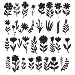 Fototapeta premium black floral silhouette collection, hand-drawn botanical elements, minimalistic flower and leaf vector set