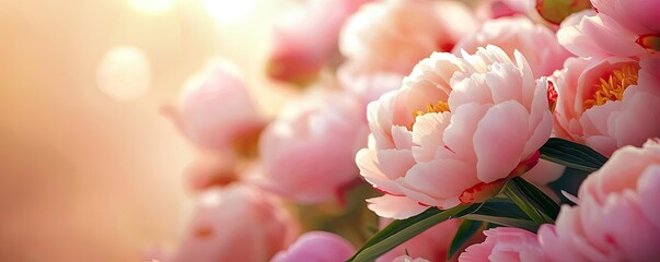 Fototapeta premium Floral illustration abstract background concept. Delicate pink peonies bloom in soft light, showcasing nature's beauty and tranquility.